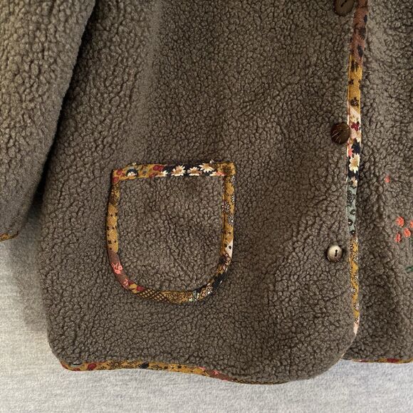 Patchwork Boho Fleece Chore Coat M/L Hooded Reversible Embroidered Cottagecore - Picture 9 of 12